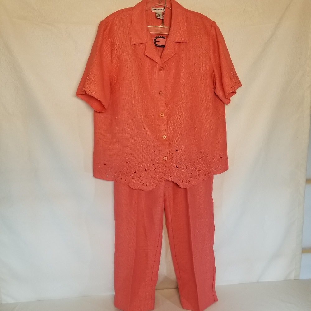 Alfred Dunner Womans Suit Size 14 Coral Pink 2 Piece Side Zip Belt Button Down